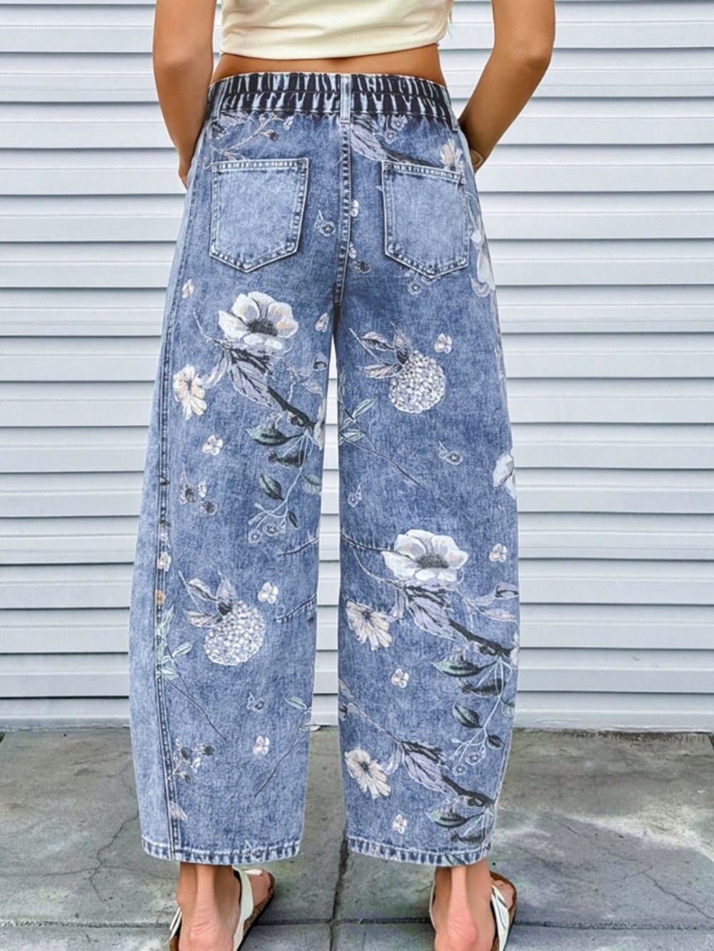 Light Wash Floral Print Barrel Cropped Denim Jeans Pants - Picture 3 of 4